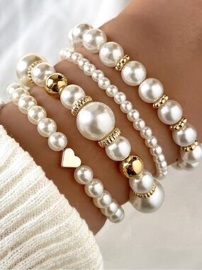 Anthropologie White Pearl and Gold Bead Bracelet Stack